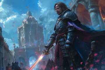 Fototapeta premium Glowing Sword Knight: Epic Warrior in Mystical Stone Environment