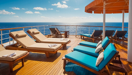 Empty sun loungers on the deck of a luxury cruise ship