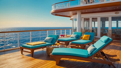 Empty sun loungers on the deck of a luxury cruise ship