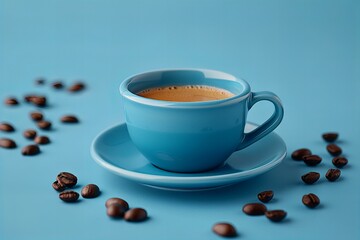 A cup of coffee surrounded by coffee beans