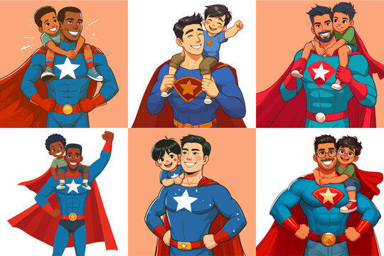 Pap&aacute; con traje de superheroe cargando a su hijo en sus hombros