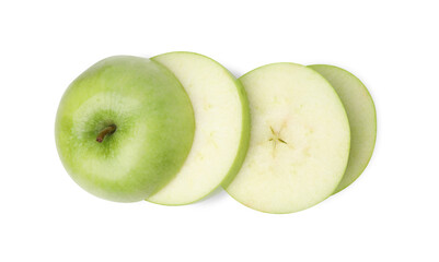 Sliced ripe green apple isolated on white, top view