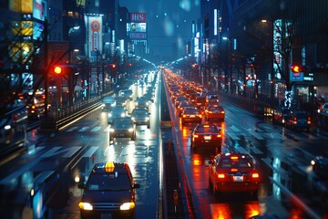 Cars driving bustling city street night