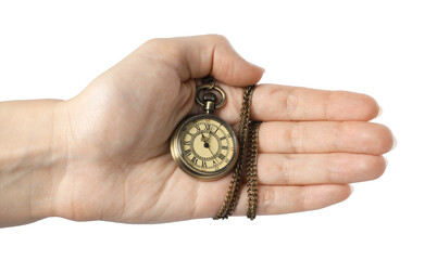 Woman holding pocket clock with chain on white background, closeup