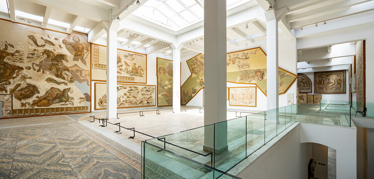 TUNIS, TUNISIA - APRIL 02, 2024: Bardo National Museum exhibiting remains of Roman mosaics, illustrating figurative scenes from mythology and sea life, highlighting ancient artistry