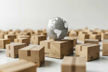 A globe on box surrounded by boxes
