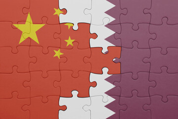 puzzle with the colourful national flag of qatar and flag of china .
