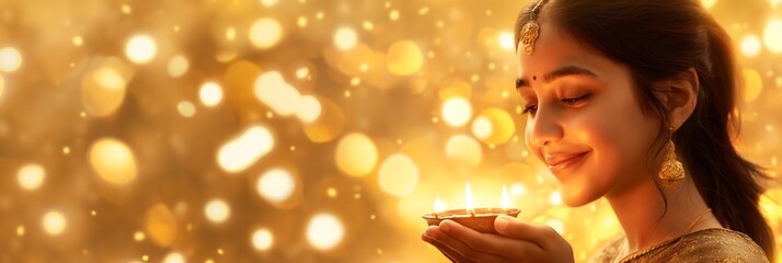 A partial view of a woman holding a diya with a golden festive lights bokeh background, symbolizing celebration and tradition