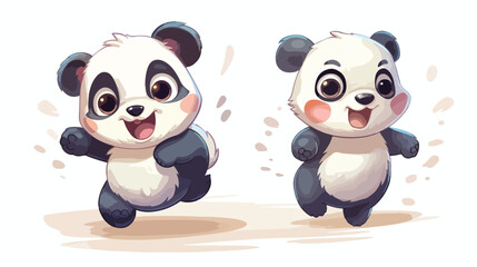 Two cute and funny baby panda characters running hu