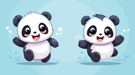Two cute and funny baby panda characters running hu