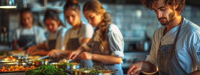 A dynamic scene of a cooking class with participants learning to cook a delicious dish, guided by a professional chef.