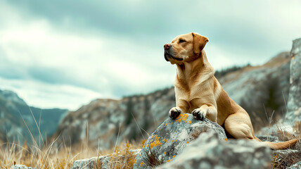 A regal Labrador Retriever perched on a rocky outcrop with a thoughtful expression against a backdrop of distant mountains and overcast skies - Generative AI