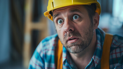A male construction worker wears a yellow hard hat and a reflective orange vest, looking up with an expression of concern or surprise - Generative AI