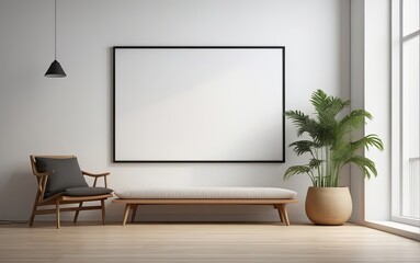 A blank horizontal white board screen frame is on a wooden floor in front of a white wall. Modern empty living room interior with white wall