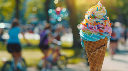 Colorful ice cream cone held in a sunny park setting