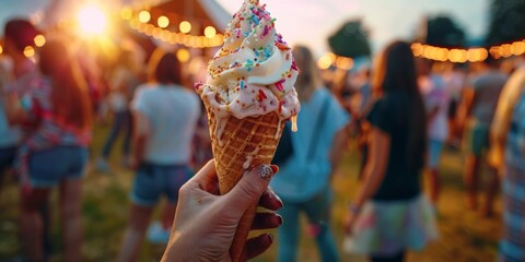 Summer festival enjoyment with ice cream at sunset