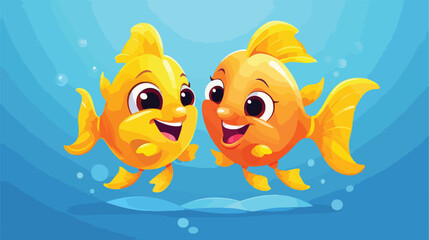 Fototapeta na wymiar Two funny smiling golden fish characters one showin