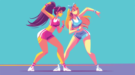 Two girls women in 80s style aerobics outfit enjoyi