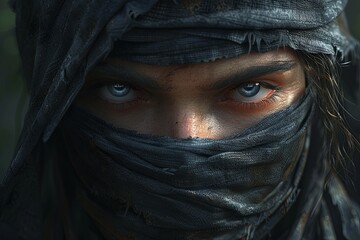 Naklejka premium Ultra Detailed Ninja Xcopy: Realistic Face with Bright Eyes Portrait Art