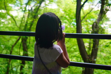 楯岩の展望台から景色を眺めている女の子の後ろ姿。
