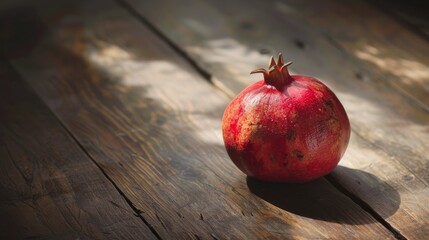 Red pomegranate on a wooden table for autumn or winter holidays