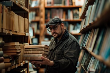 A person carrying a pile of hardcover books among bookshelves in a library setting, selecting...