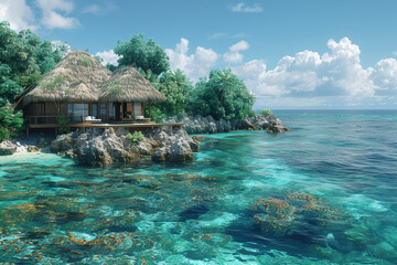 A luxurious overwater bungalow perched above a pristine coral reef, offering uninterrupted views of the turquoise sea. Concept of overwater indulgence and aquatic serenity. Generative Ai.