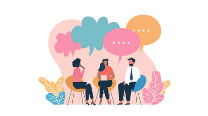 Fototapeta premium A diverse group of individuals engaging in conversation, each with speech bubbles above their heads, indicating communication and dialogue