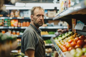 A man in a grocery store looks thoughtfully at the camera, surrounded by shelves of fresh produce