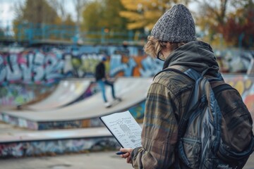 A thoughtful skater examining a paper with park plans at a skateboard venue surrounded by graffiti