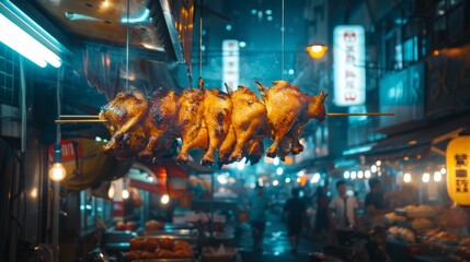 Roasted chicken hanging in the rain on a japanese street