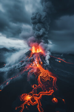 Dramatic volcanic eruption with flowing lava at dusk. Generative AI image