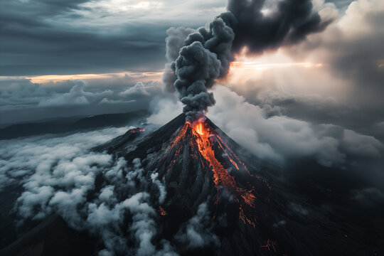 Dramatic volcanic eruption with ash cloud at sunset. Generative AI image