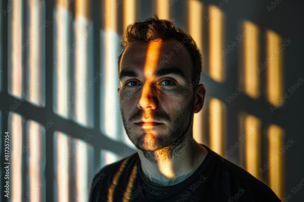 Poster light casts a striped shadow across a man's contemplative face