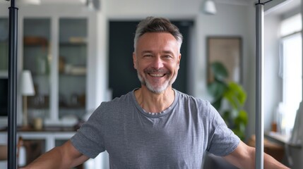Obraz premium Cheerful middle-aged man poses at home with gym equipment, radiating positivity