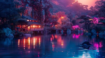 Bioluminescent wildlife exploring a neon-lit Japanese garden, a dazzling display of color and life