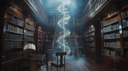 CRISPR gene editing event taking place in a secret society's ancient library, merging science with mystery