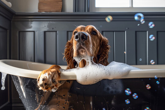 English Cocker Spaniels enjoying a bubble bath time. Generative AI image