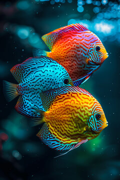 Vibrant discus fish swimming in a blue water backdrop. Generative AI image