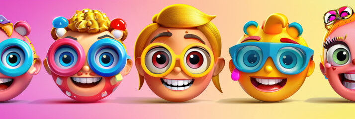 Fototapeta premium A group of 3d people with glasses are smiling happily against a pink backdrop