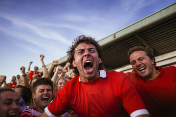 A group of men wearing red shirts celebrating with their arms in the air at a soccer stadium after a victory. Generative AI