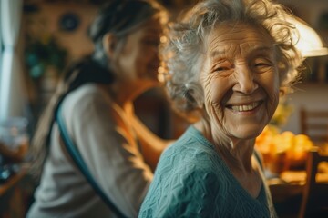 Fototapeta premium Happy elderly woman with a bright smile, another figure blurred in the background at home