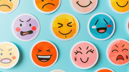 Obraz premium Assorted emoji stickers scattered on a bright blue background, featuring a variety of facial expressions and gestures