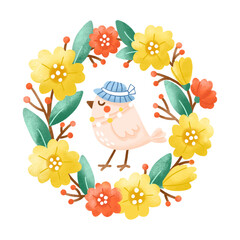Cute little garden bird in lush blooming floral wreath. Hand drawn in cartoon style digital illustration isolated on white background