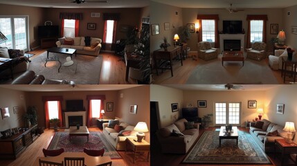 Naklejka premium A composite image showing four perspectives of a homey living room at varying times of day