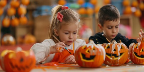Fototapeta premium Two focused children creatively decorating pumpkins for Halloween, with paint and carving tools on a festive table
