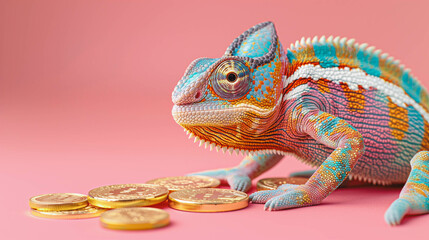 A chameleon and  gold coins,  pink background, minimal concept 