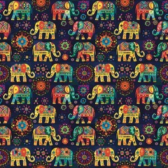 Fabric pattern, native, ethnic, yellow elephant sun , moon, circle, square, green fabric, brown, white, black, red, fabric pattern, seamless, textile, background	
