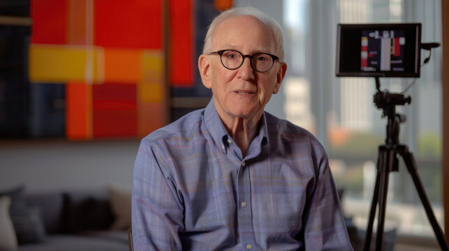 An older man seated in front of a camera, appearing focused and ready for a video recording or interview session