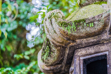 A traditional Japanese stone lamp full of moss and plants